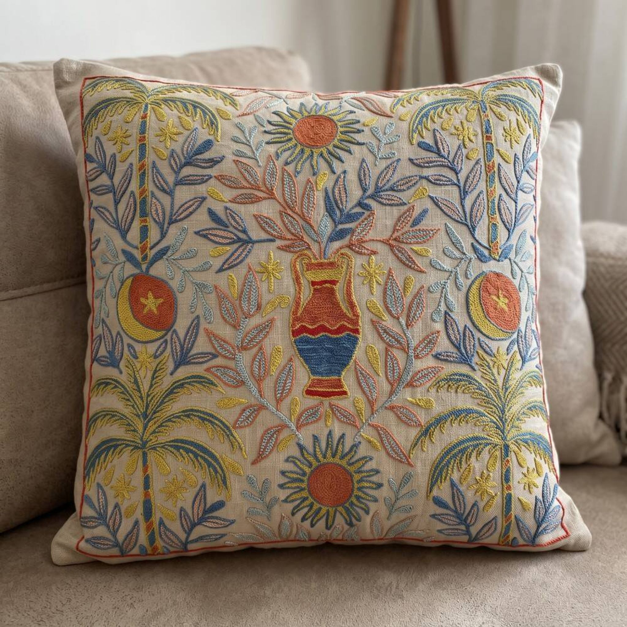 Silk Embroidered Palm Tree Pattern Cushion Cover. Ivory Throw Pillow Case. Traditional Folk Accent Pillow