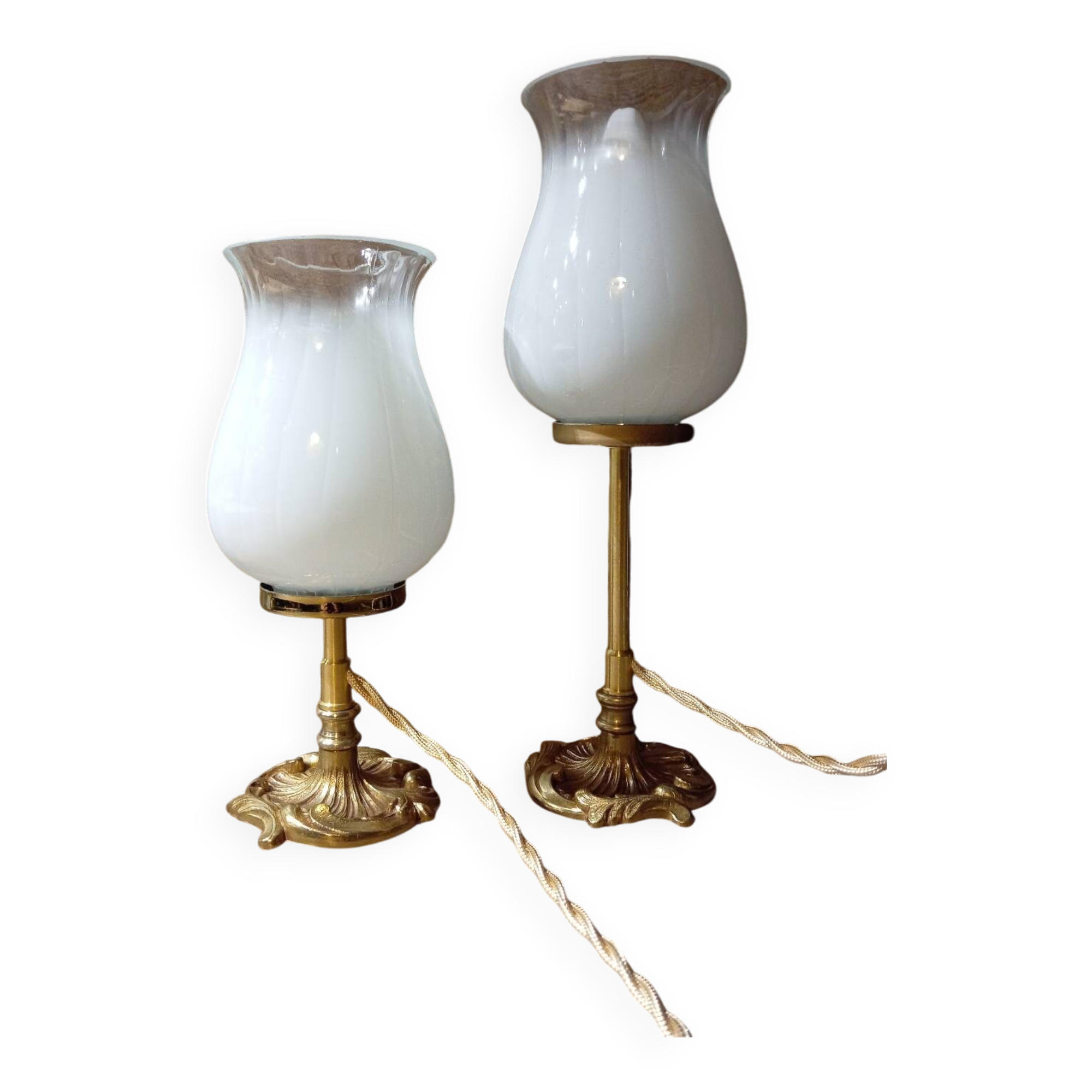 Duo art deco bedside lamps bronze and white glass tulip