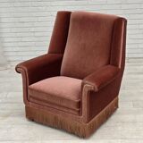 Fauteuil danois à dossier haut, années 1970, velours d'ameublement rose saumon, bois de hêtre.