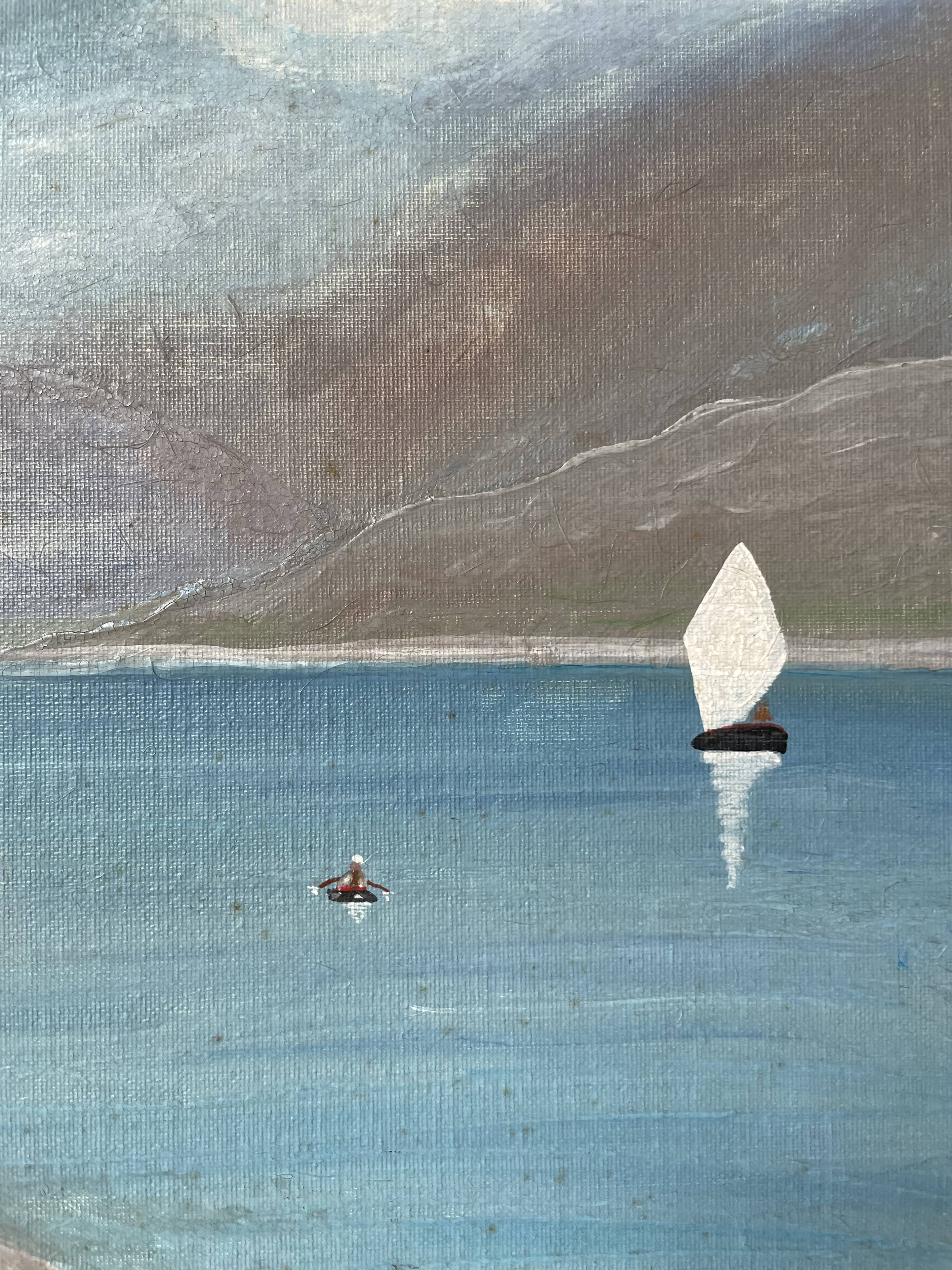 Oil painting on wood boats and lake 1977