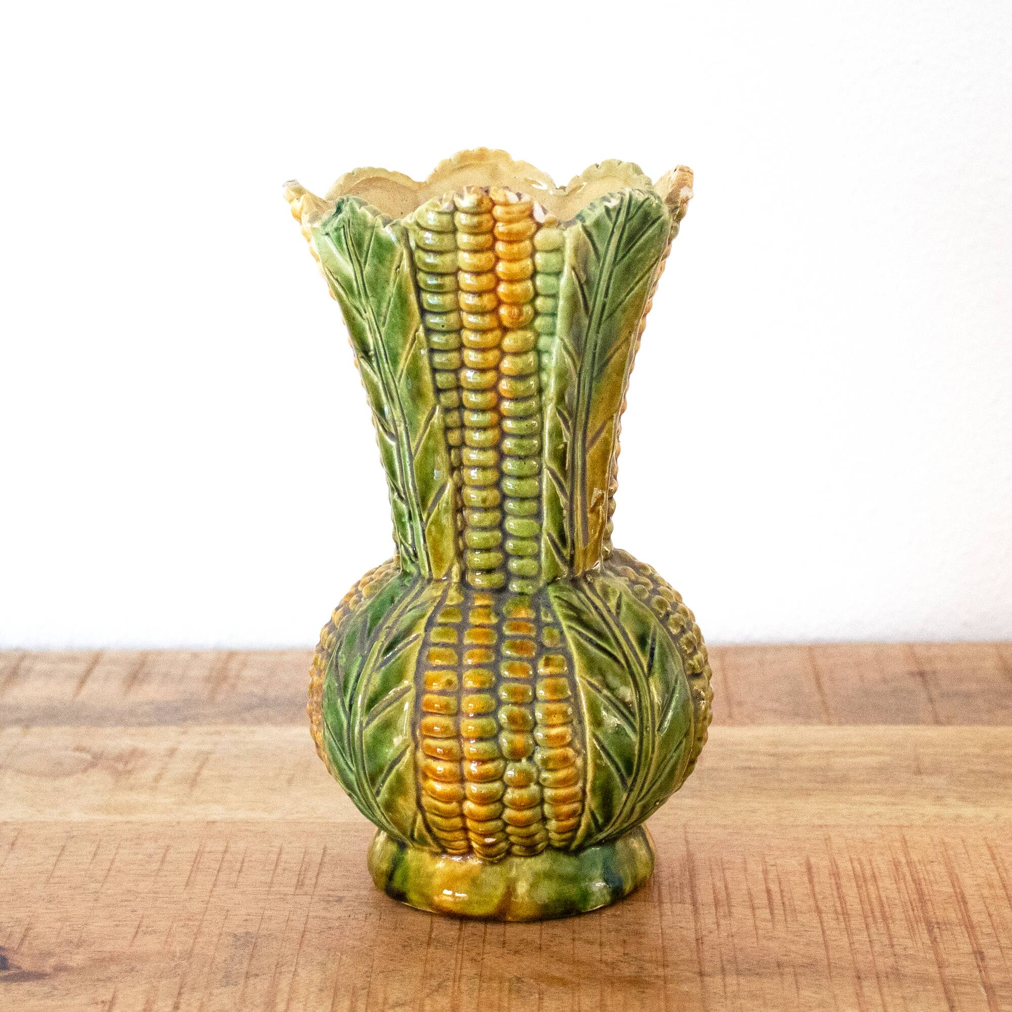 Vintage French Majolica Style Ceramic Corn Vase: 1950s Barbotine Pottery