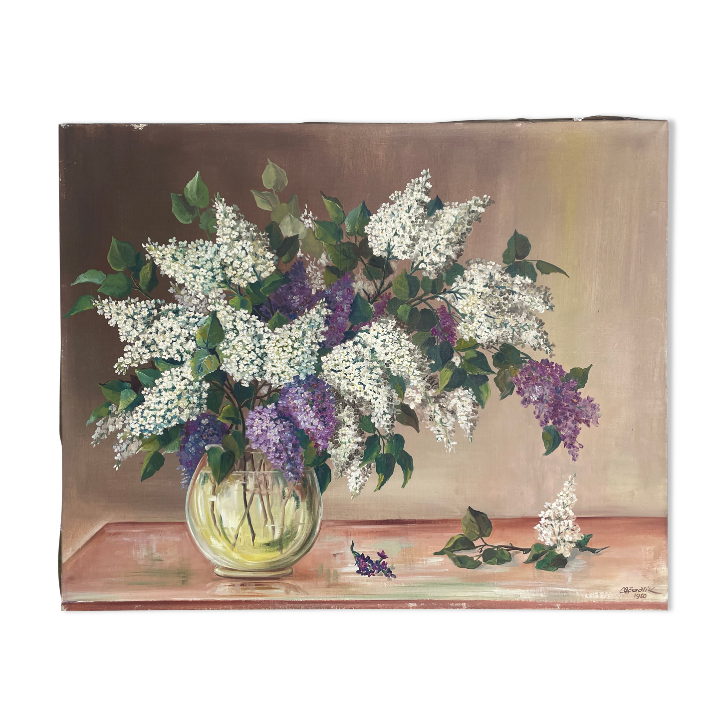 Painting without frame Oil on canvas Signed Ocadlik, Bouquet of lilacs