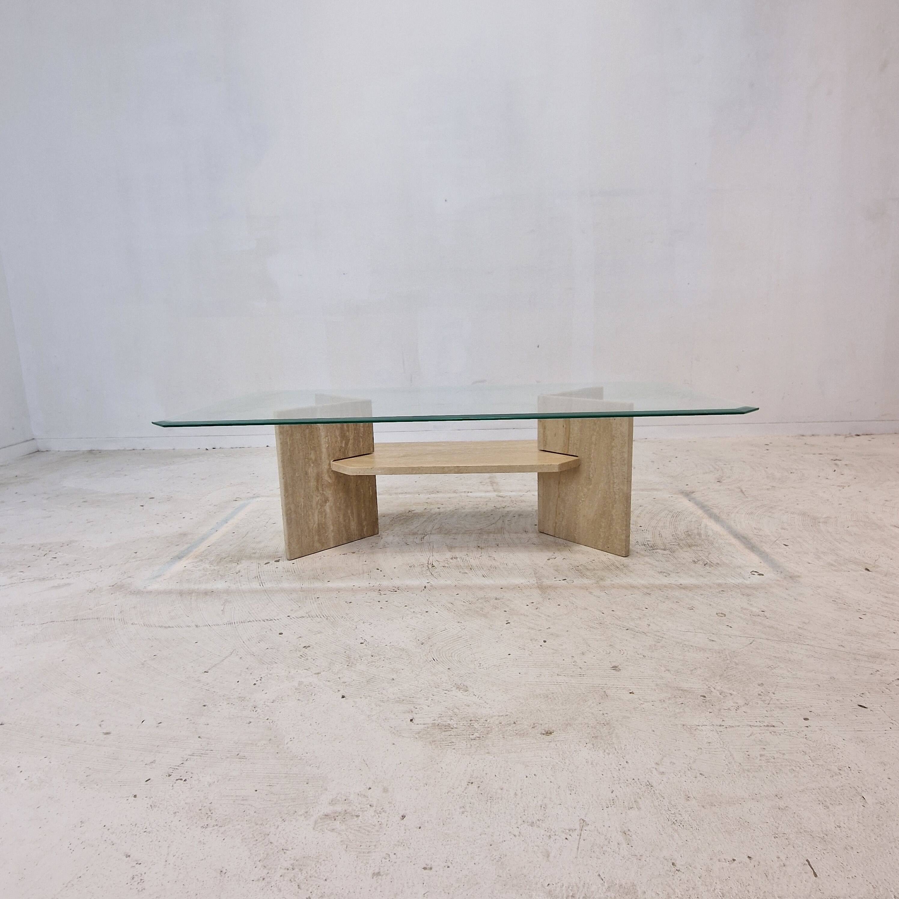 Italian Coffee Table in Travertine and Facet Cut Glass, 1980s