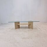 Italian Coffee Table in Travertine and Facet Cut Glass, 1980s