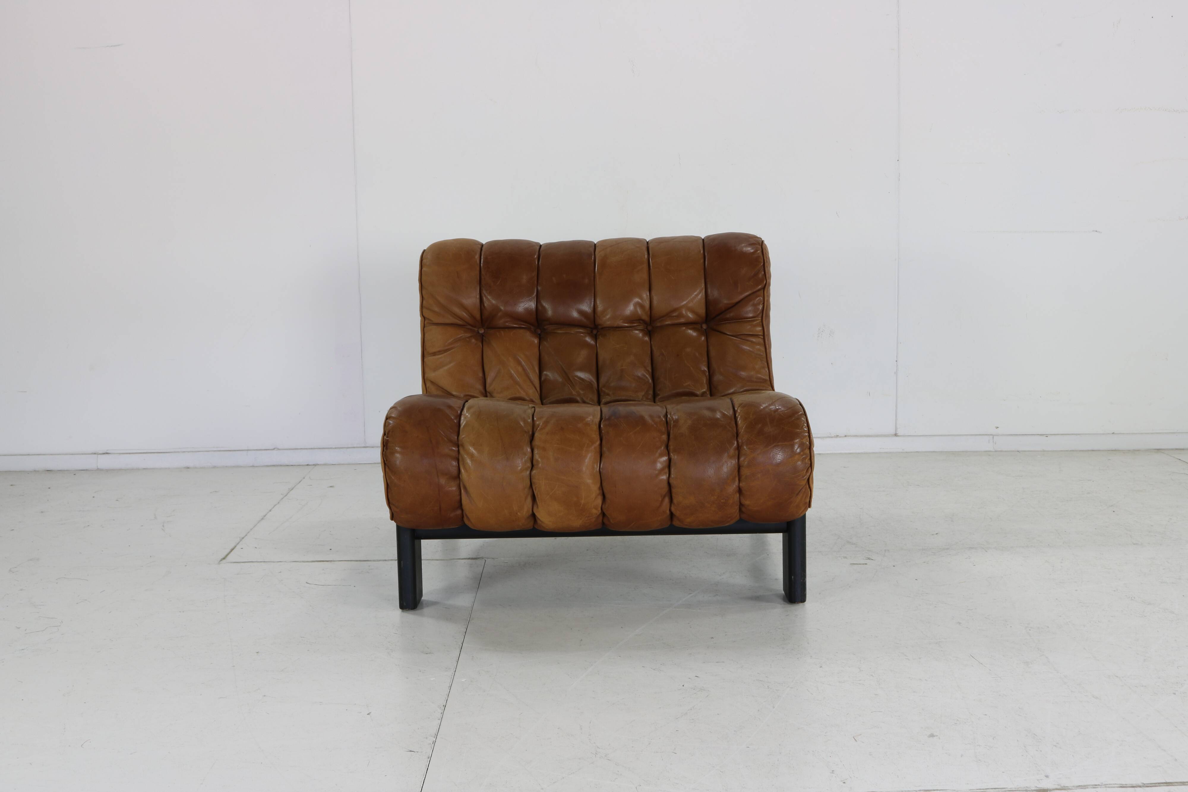 70s living room set in cognac brown leather with black wenge wood frame