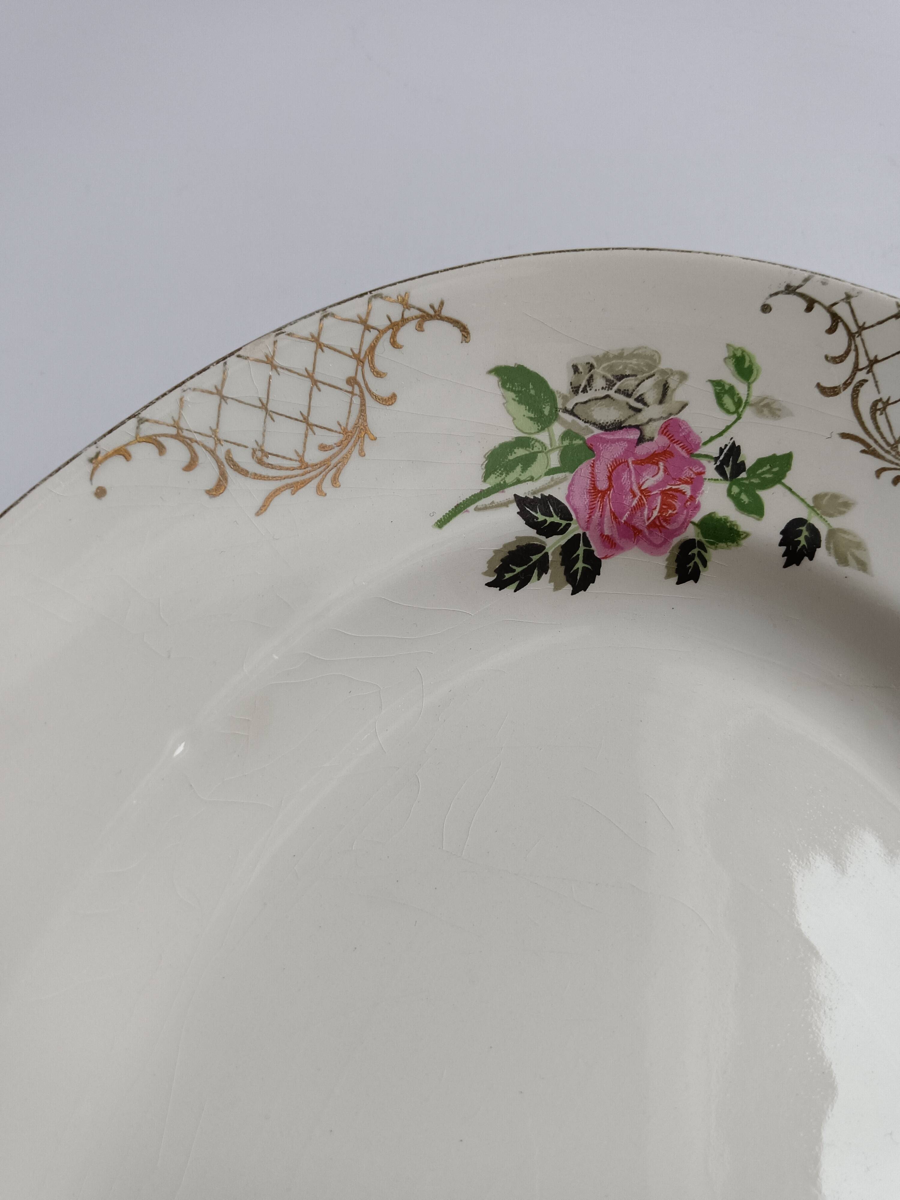 Oval plate Sarreguemines cream with pink gilding, antique.