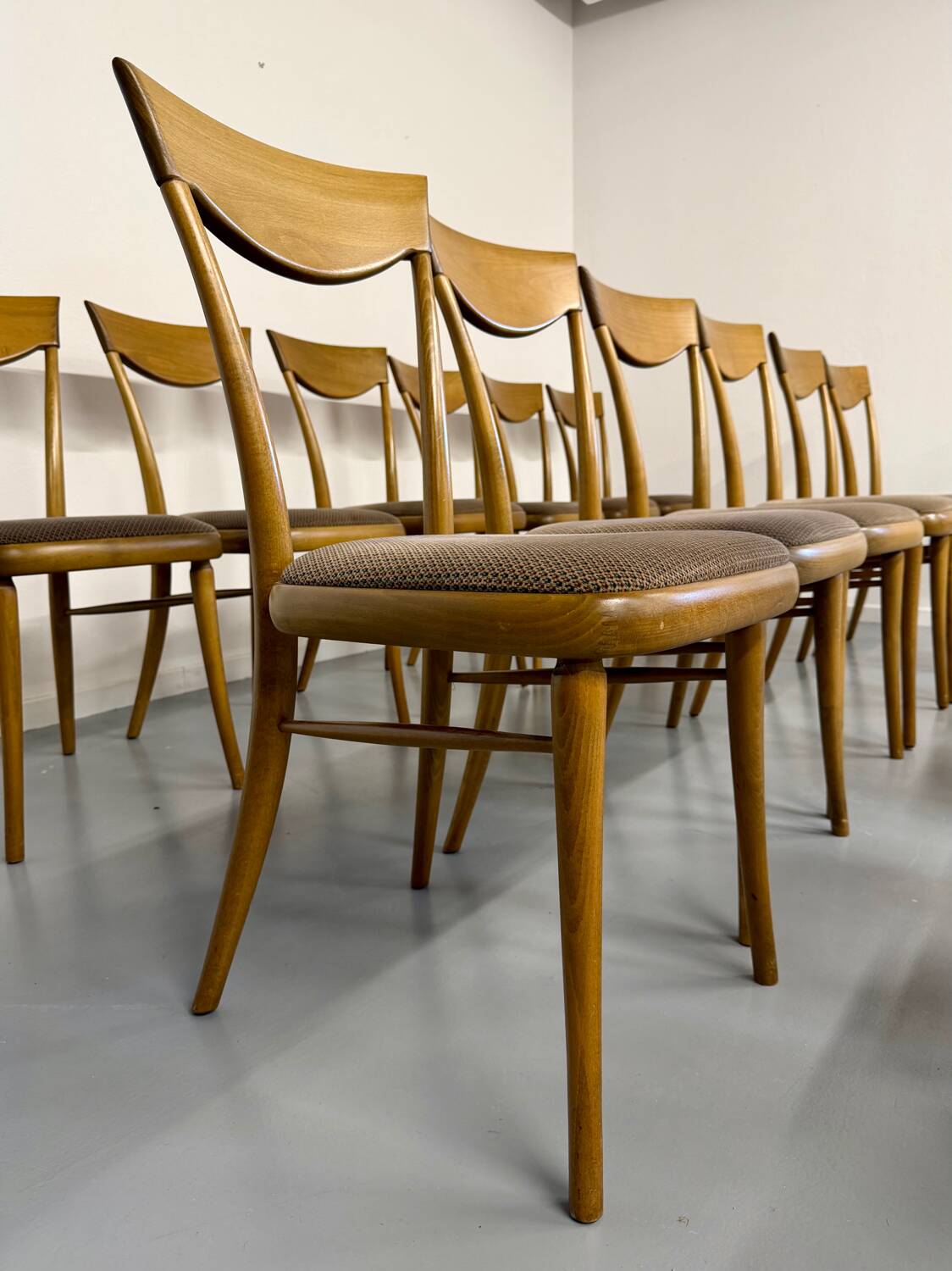 Set of 18 Scandinavian design chairs from the 1960s, organic curved wood.