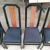 Octagonal table paul michel and its black lacquered chairs and elm magnifying glass