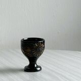 3 black ceramic egg cups, floral patterns