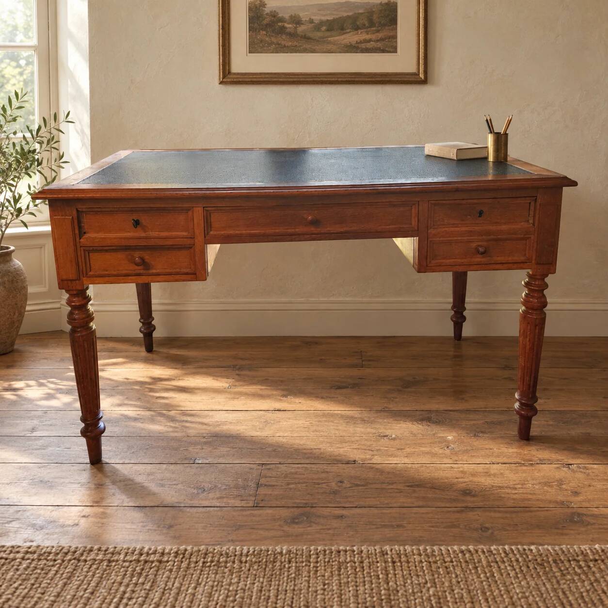 Antique flat desk in oak and black leather, Louis-Philippe style.