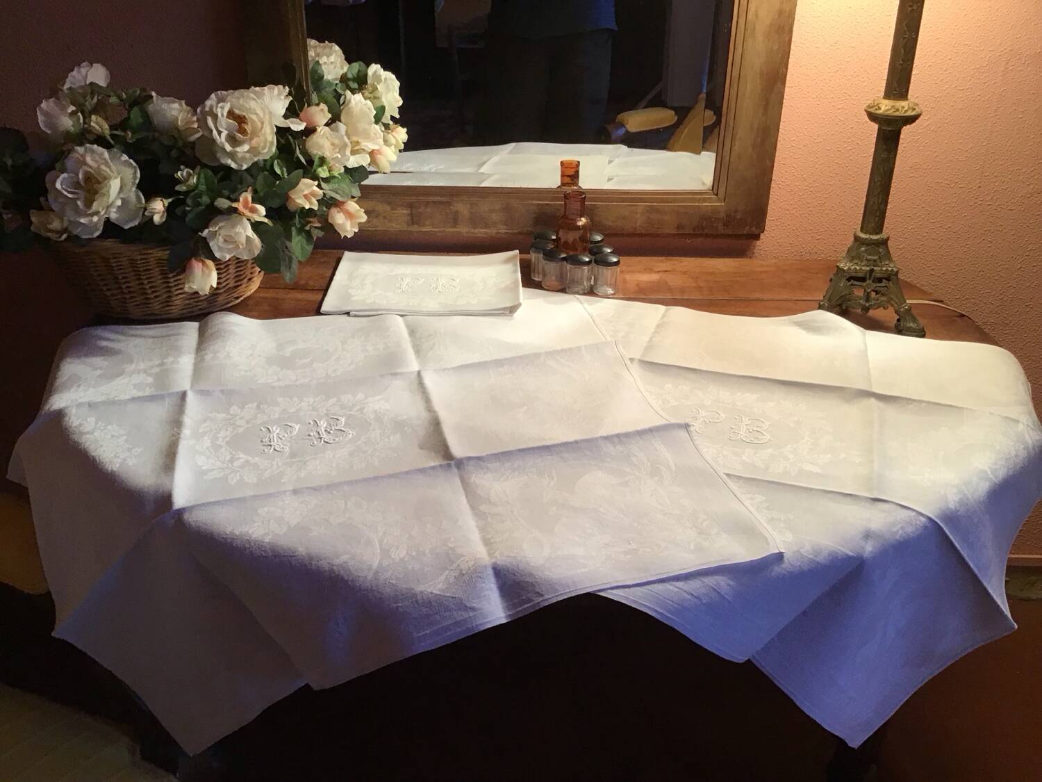 Set of 6 19th century hunting napkins marked “PB”