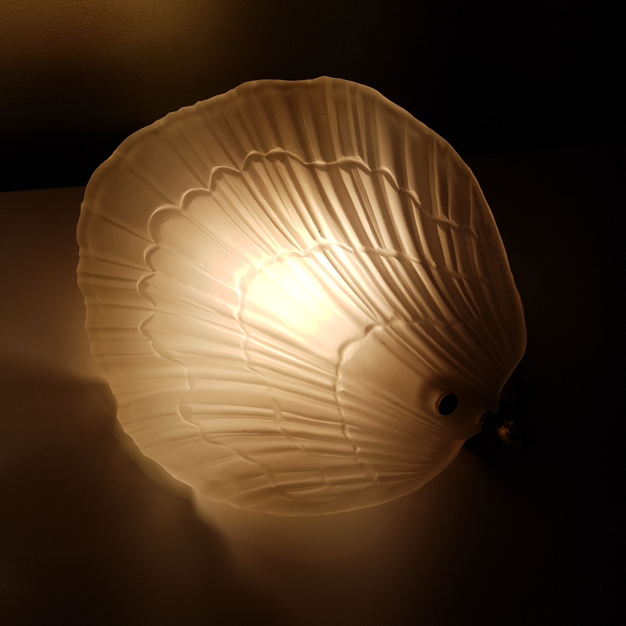 Pair of shell appliques in squeezed pressed glass and golden steel 1970