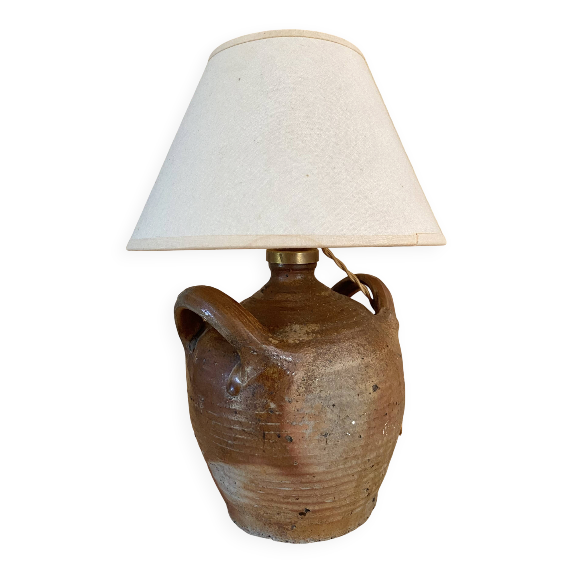 Lampe terre cuite , câble tissu neuf, abat-jour coton