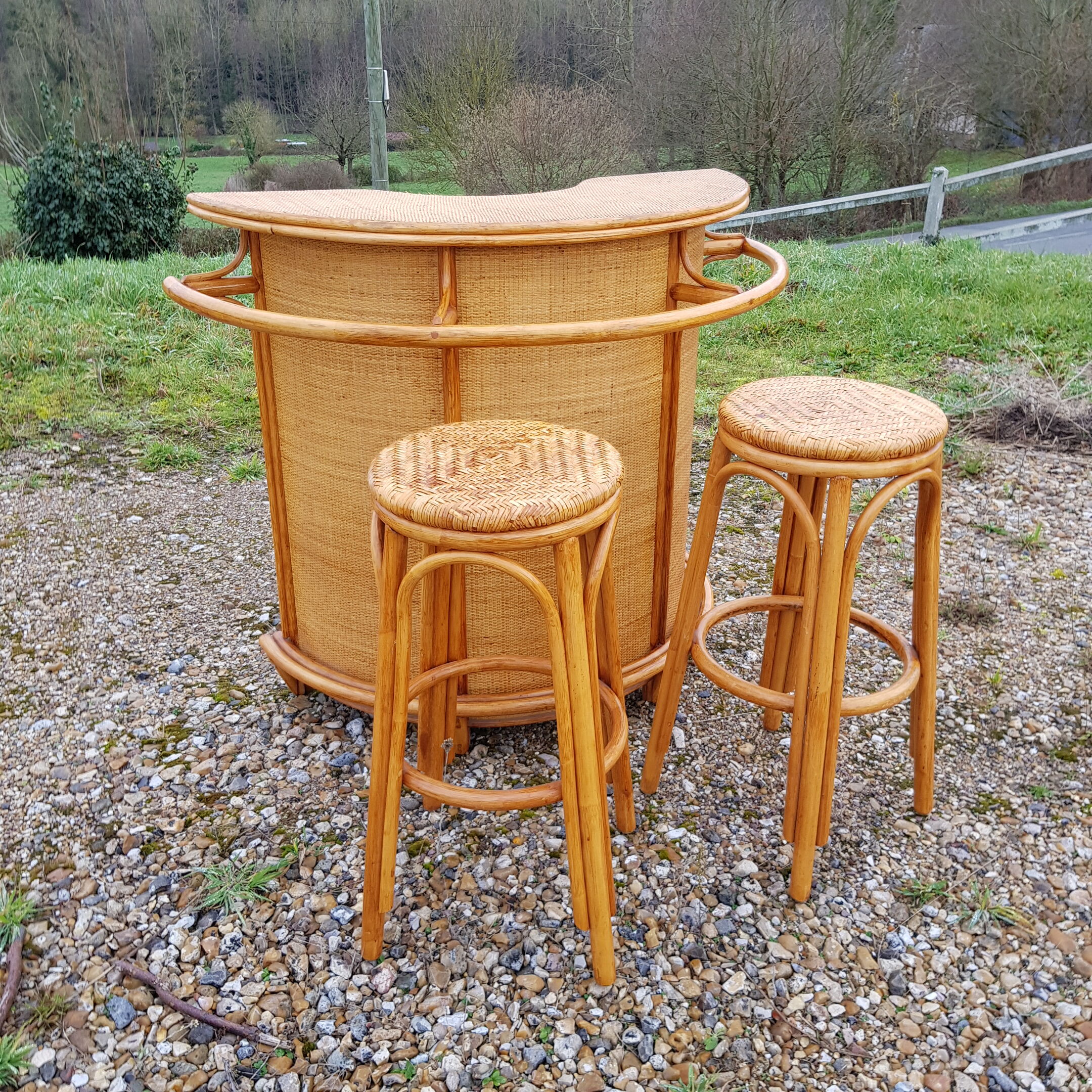 Vintage bamboo and rattan bar and pair of high stools