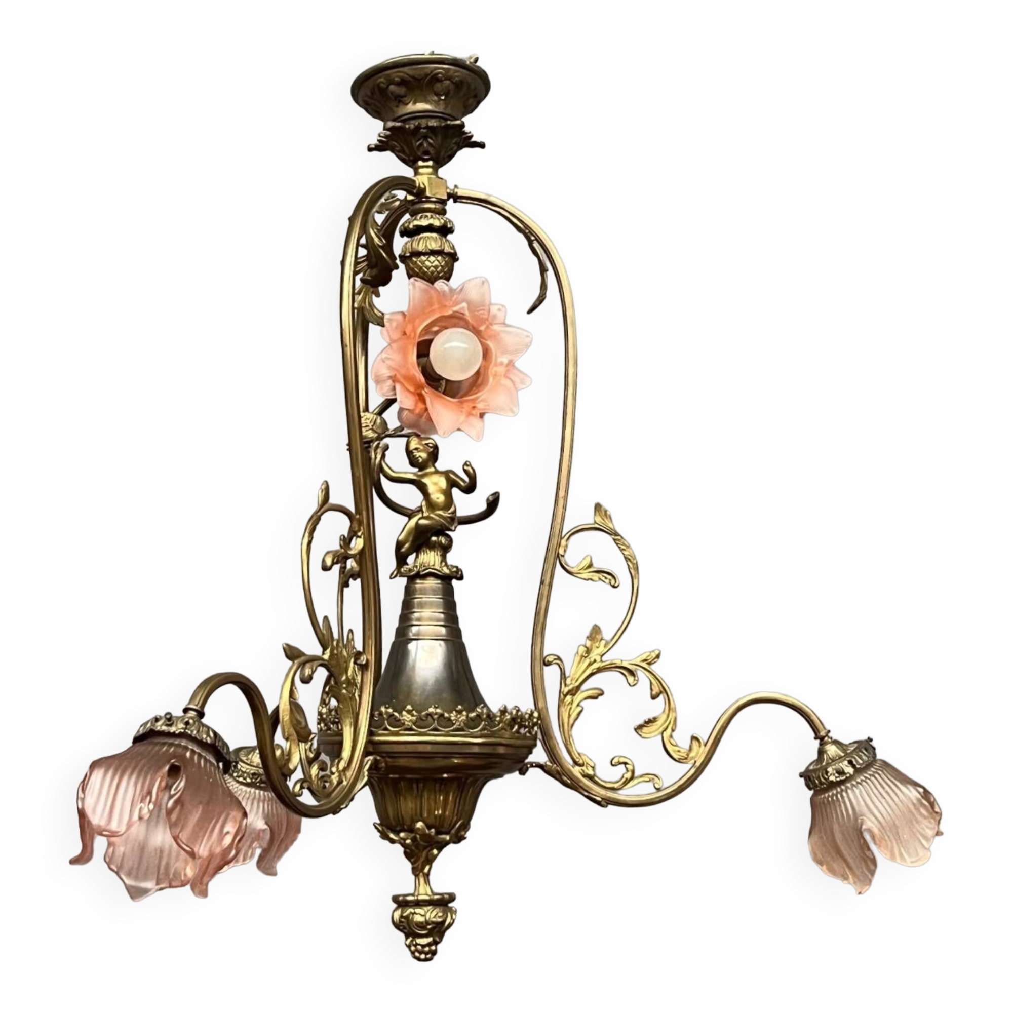 Renaissance chandelier with putti statuette.