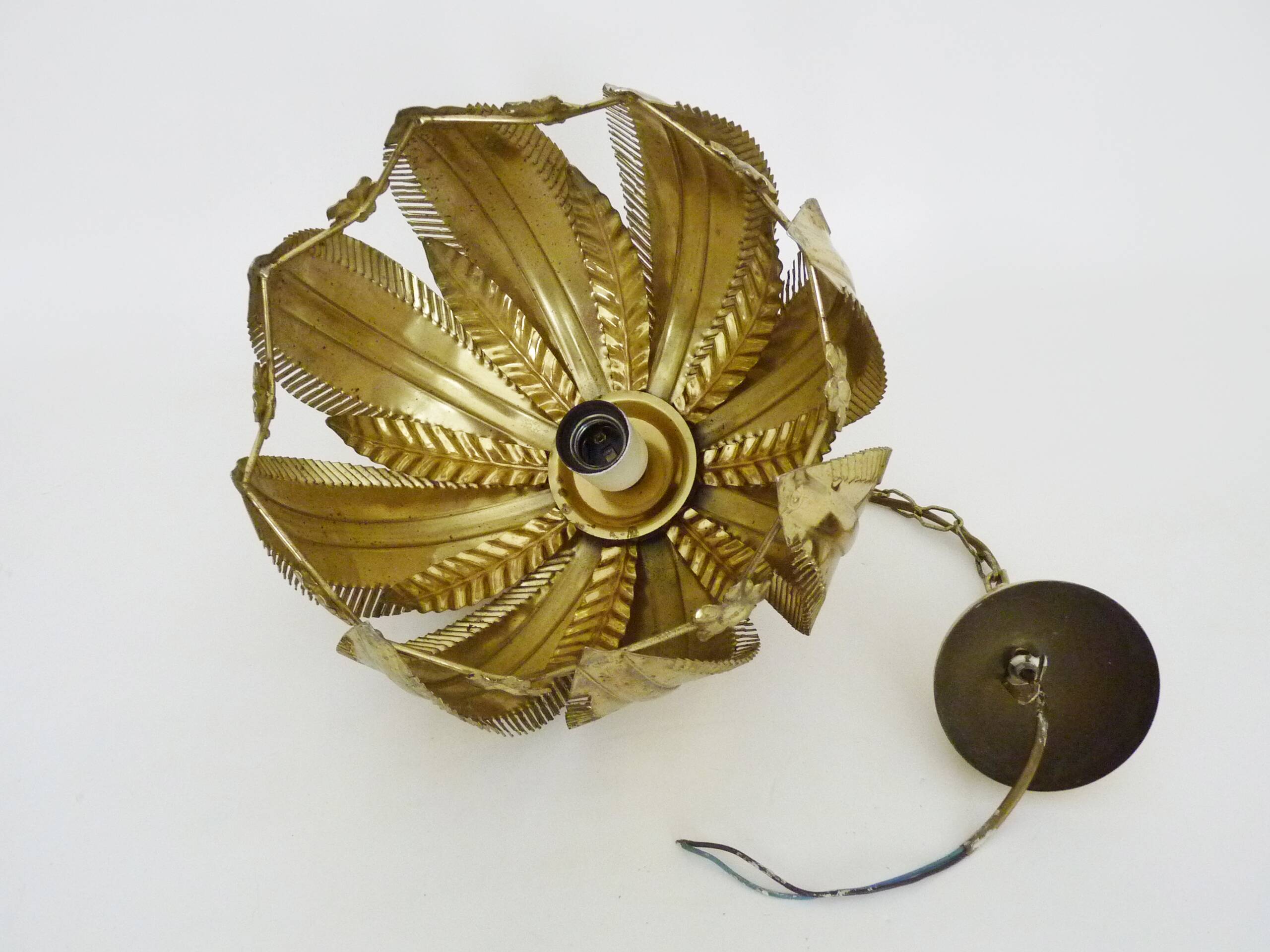 Vintage 80s gold metal palm leaf pendant light