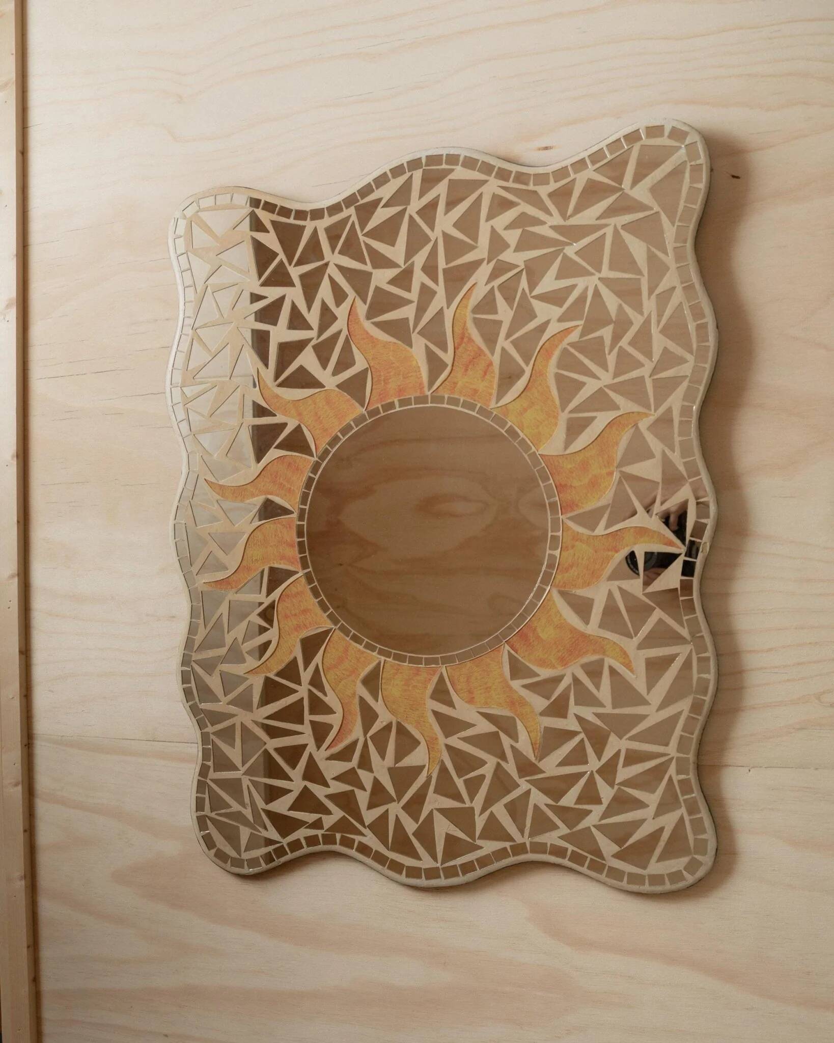 Vintage mosaic mirror sun motif - Unique piece from Italy, 1970s - Beautiful details, very decorative, bohemian style, gift idea.
