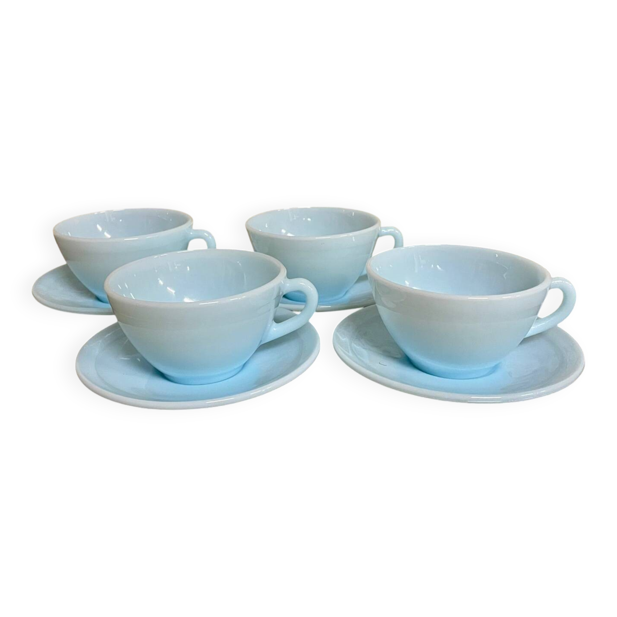 Set of 4 Duralex cups and 4 saucers – pastel blue opal glass (year
