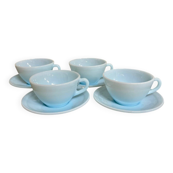 Lot de 4 tasses et 4 soucoupes Duralex – verre opale bleu pastel (anné