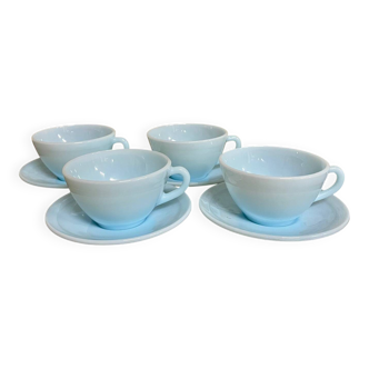 Set of 4 Duralex cups and 4 saucers – pastel blue opal glass (year