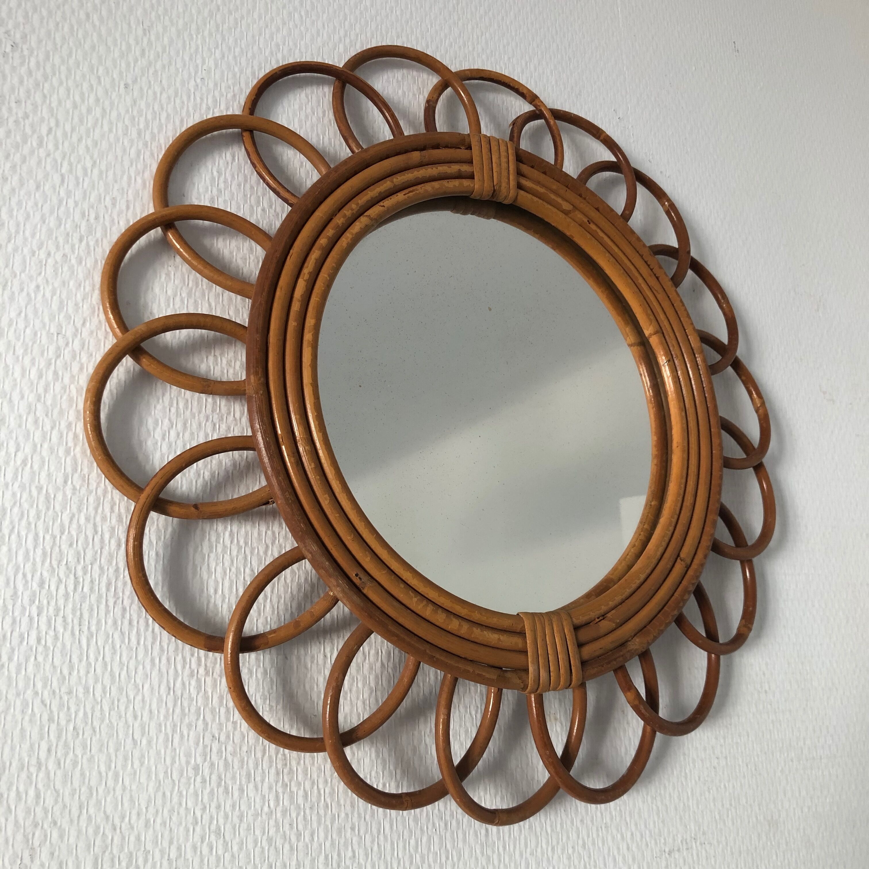 Miroir soleil fleur rotin 43cm vintage 1960