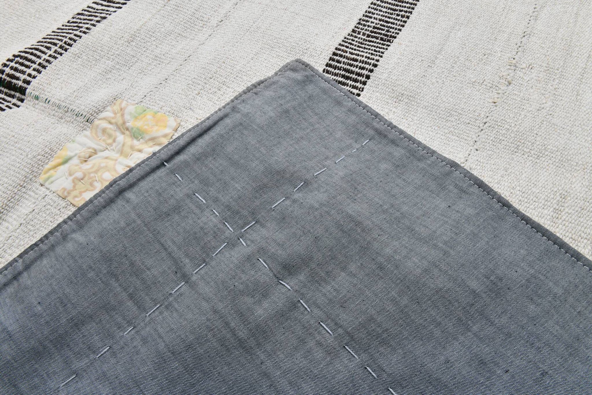 6x6 Square White & Black Vintage Kilim Rug, 187x195Cm