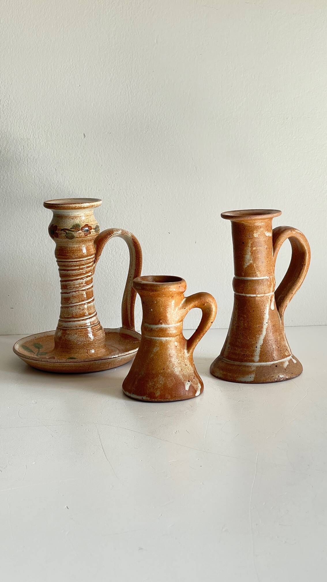 3 vintage handcrafted pottery candle holders