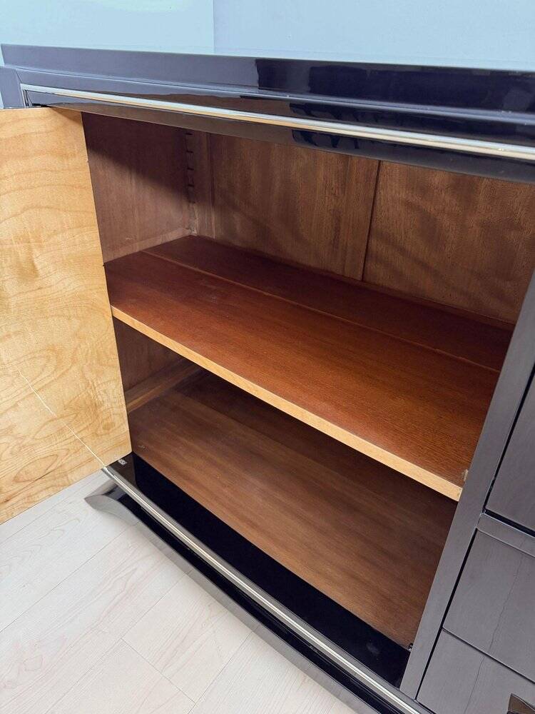 Art Deco Sideboard in Black Lacquer, Maple & Chrome, France, 1930
