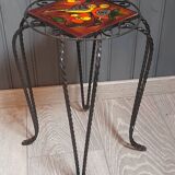 Wrought iron stool and Vallauris pottery signed Leduc.