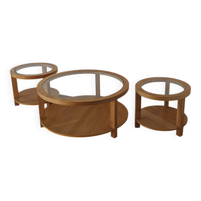 Tables rondes avec plateaux en verre, lot de 3.