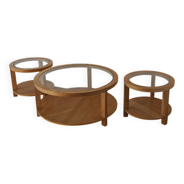 Tables rondes avec plateaux en verre, lot de 3.
