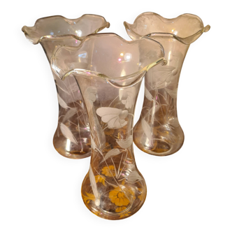 set of 3 engraved cut glass tulips by Baccarat, Art Nouveau for lamp or light