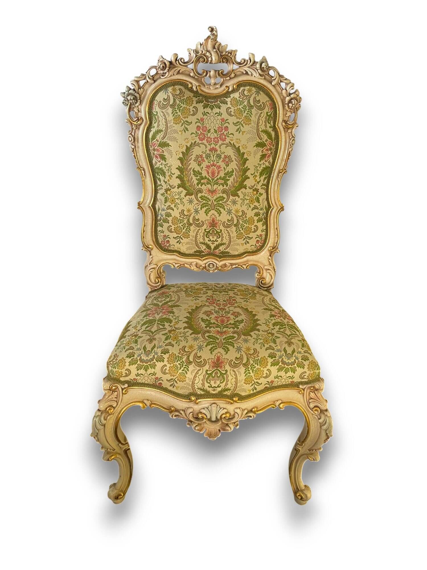 Set of 4 Venetian style sculpted wooden chairs, cream and gold, Italy.
