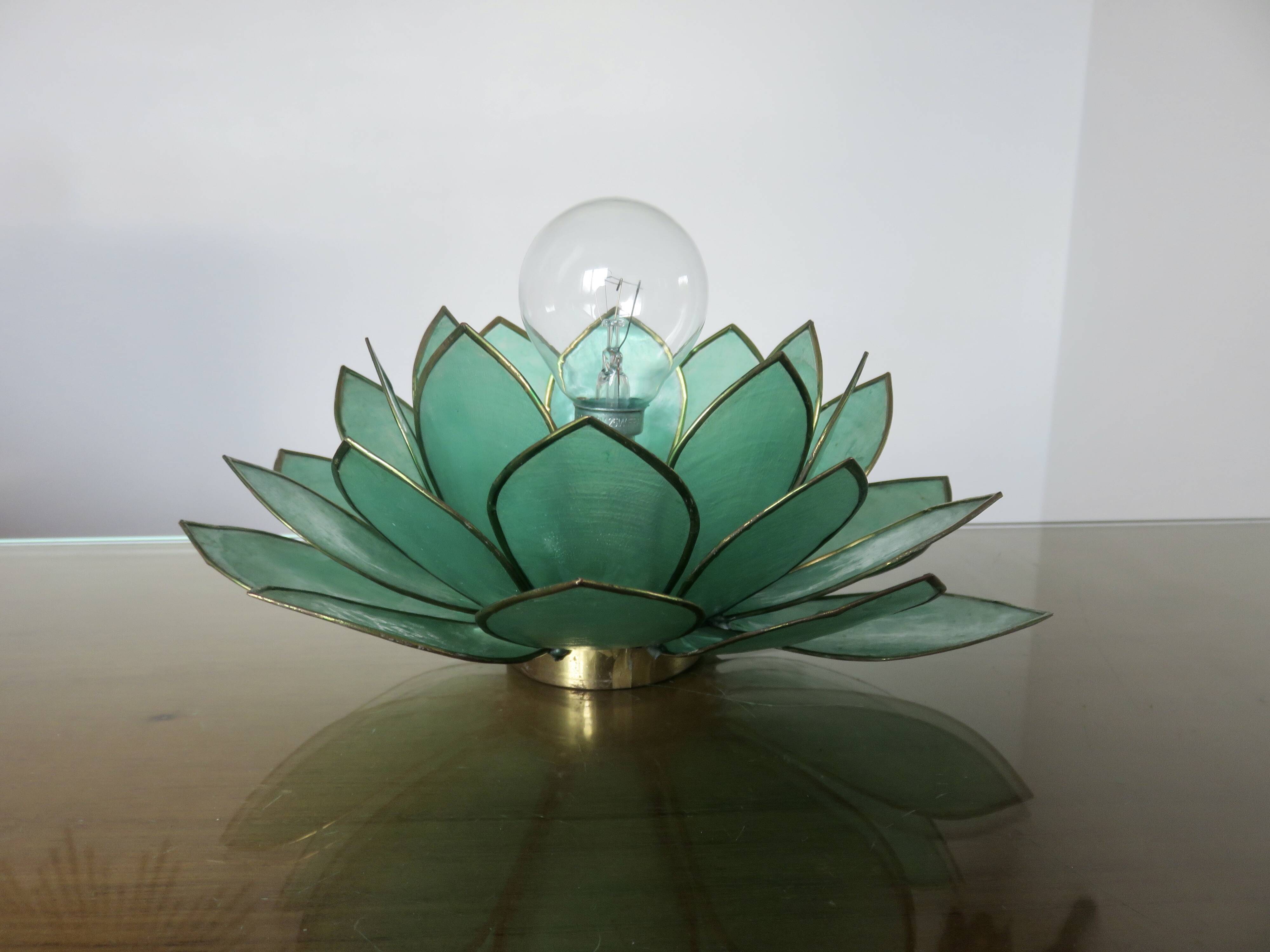 Capiz green mother-of-pearl and brass flower lamp, 1970s