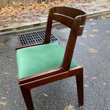 Scandinavian dining table and 4 Hans Olsen style chairs in teak and velvet.