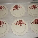 Lot de 6 assiettes plates anciennes en faïence beige et rouge