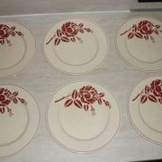 Set of 6 old flat plates in beige and red earthenware