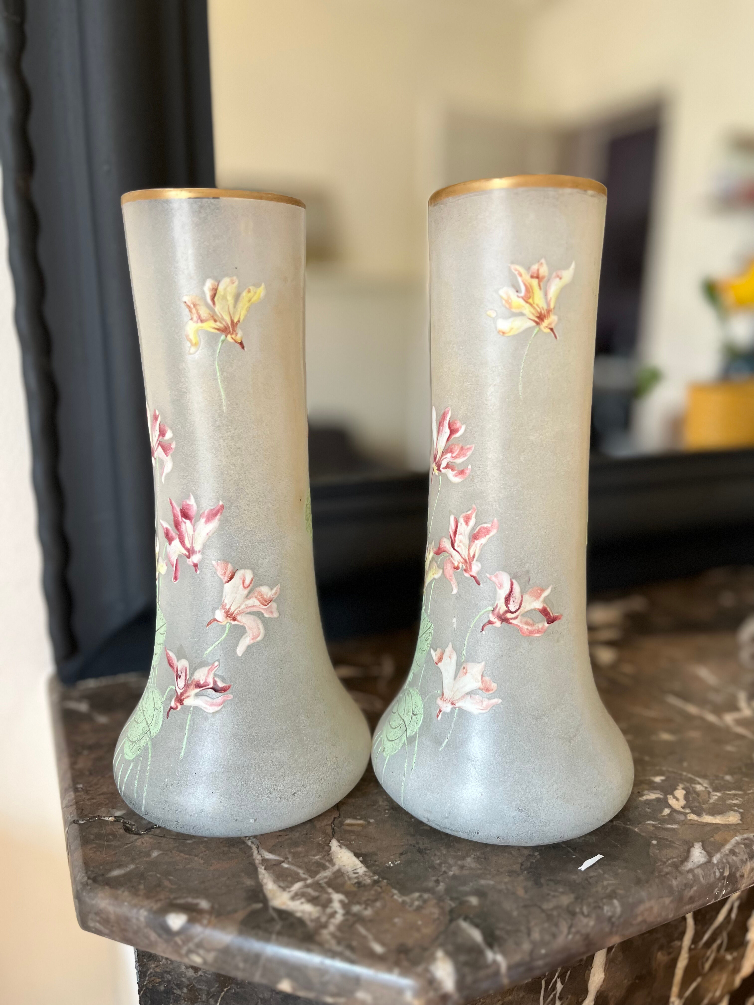 Pair of vases with flower motif by Legras late nineteenth early twentieth century