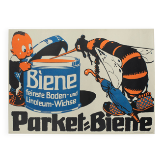 Véritable grande affiche publicitaire en cire d'abeille graphique Parket-Biene antique des années 1920