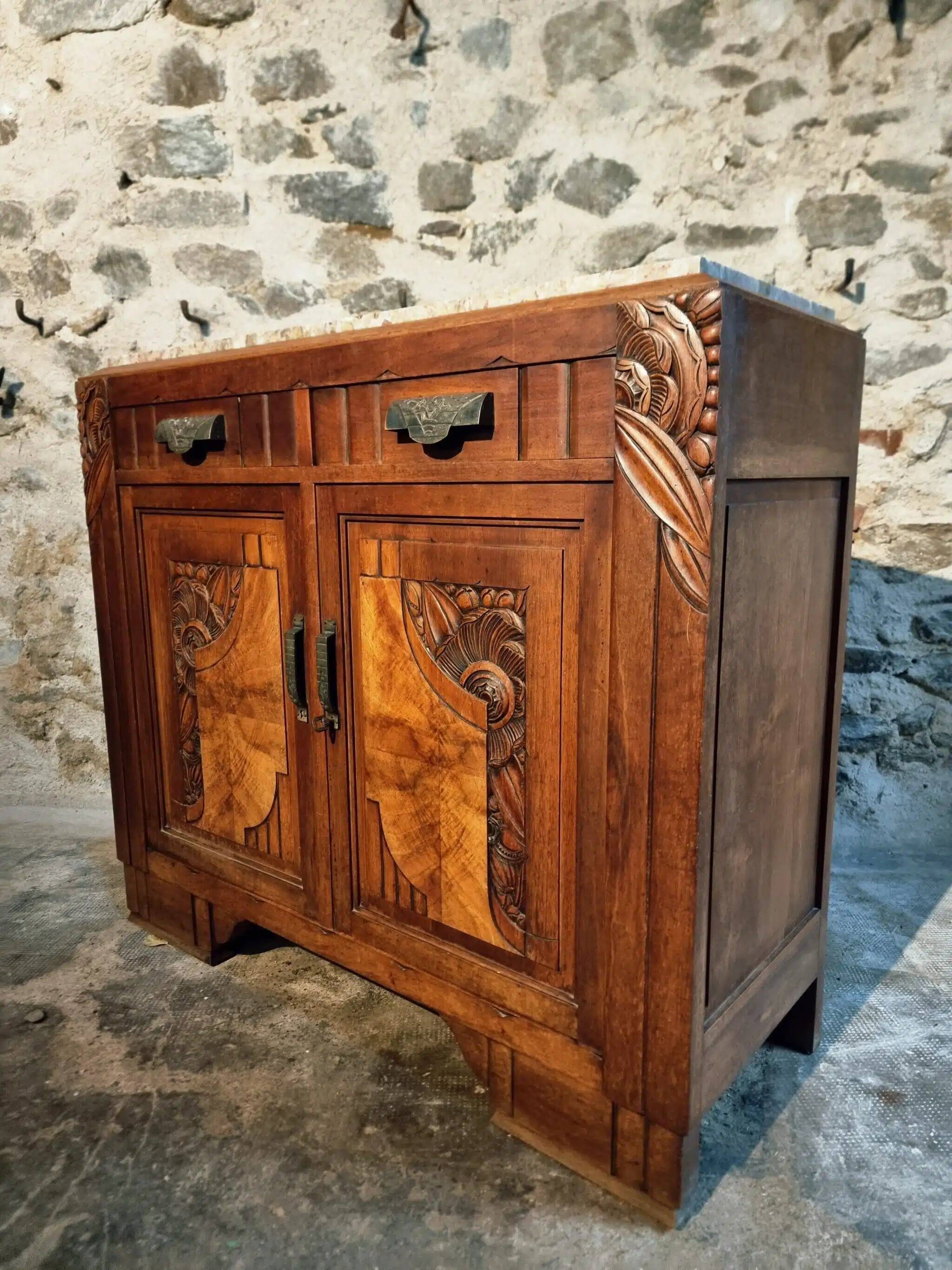 French Art Deco walnut sideboard with marble top (1920s)