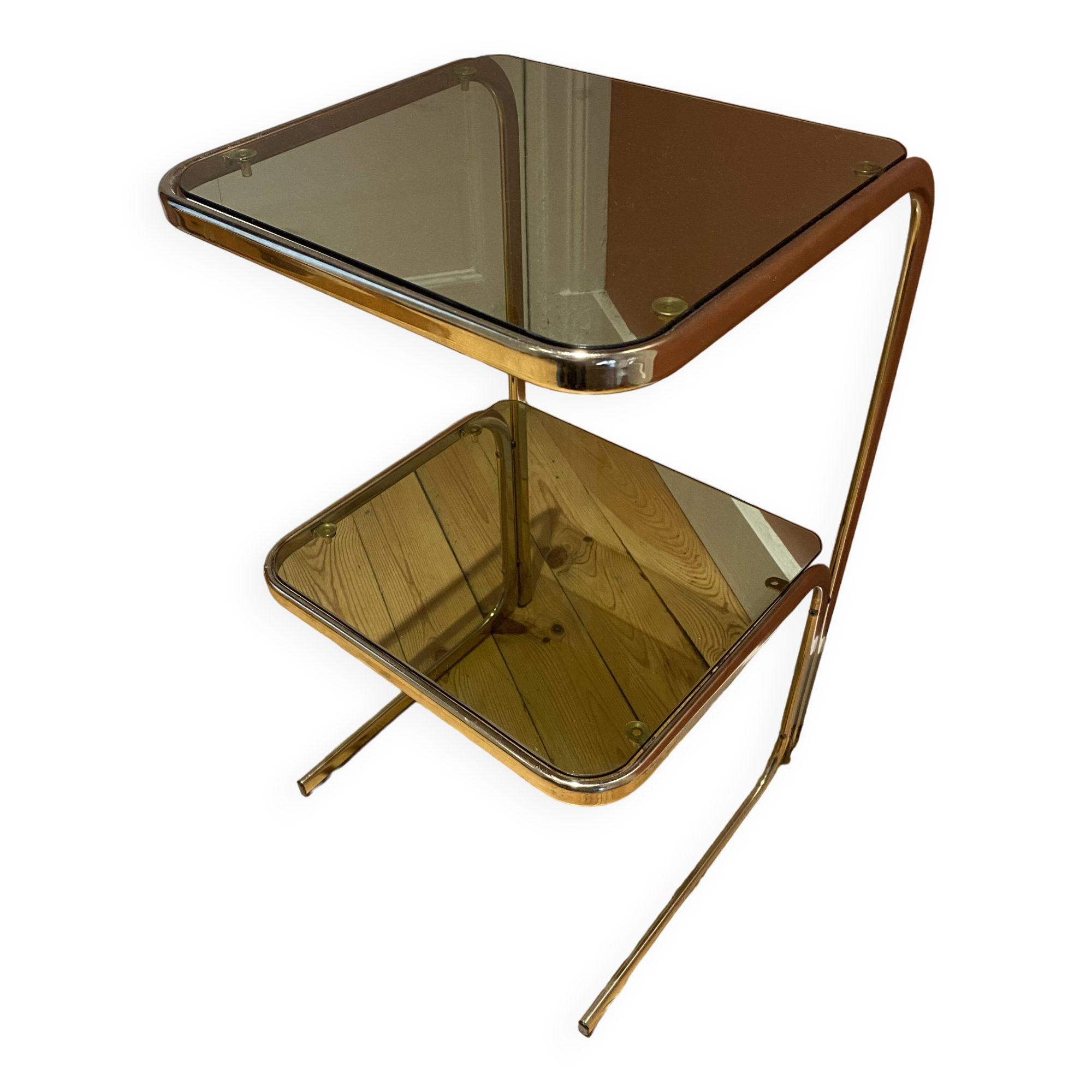 1970 side table with smoked mirror and metal