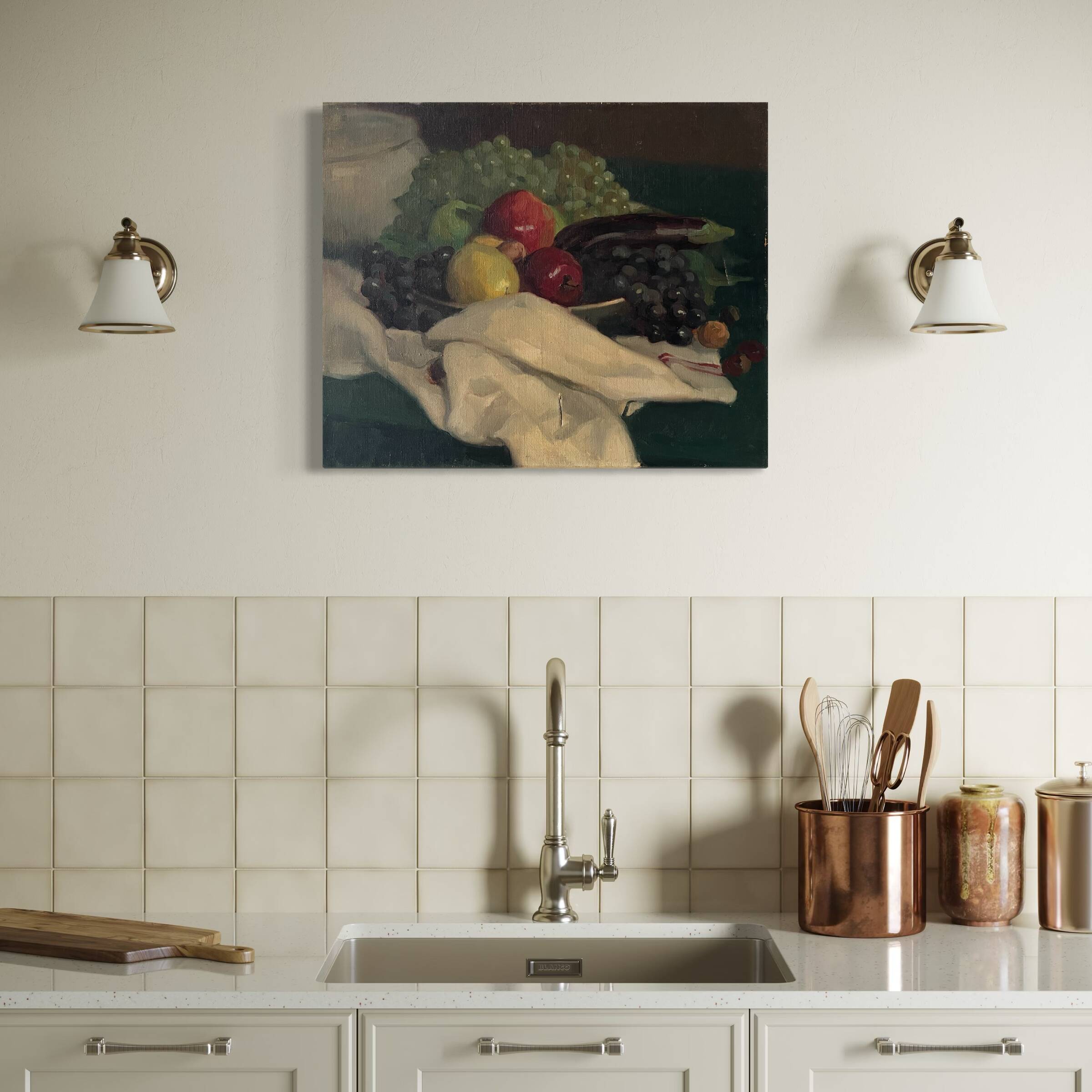 Old oil painting on canvas of a still life with fruits.