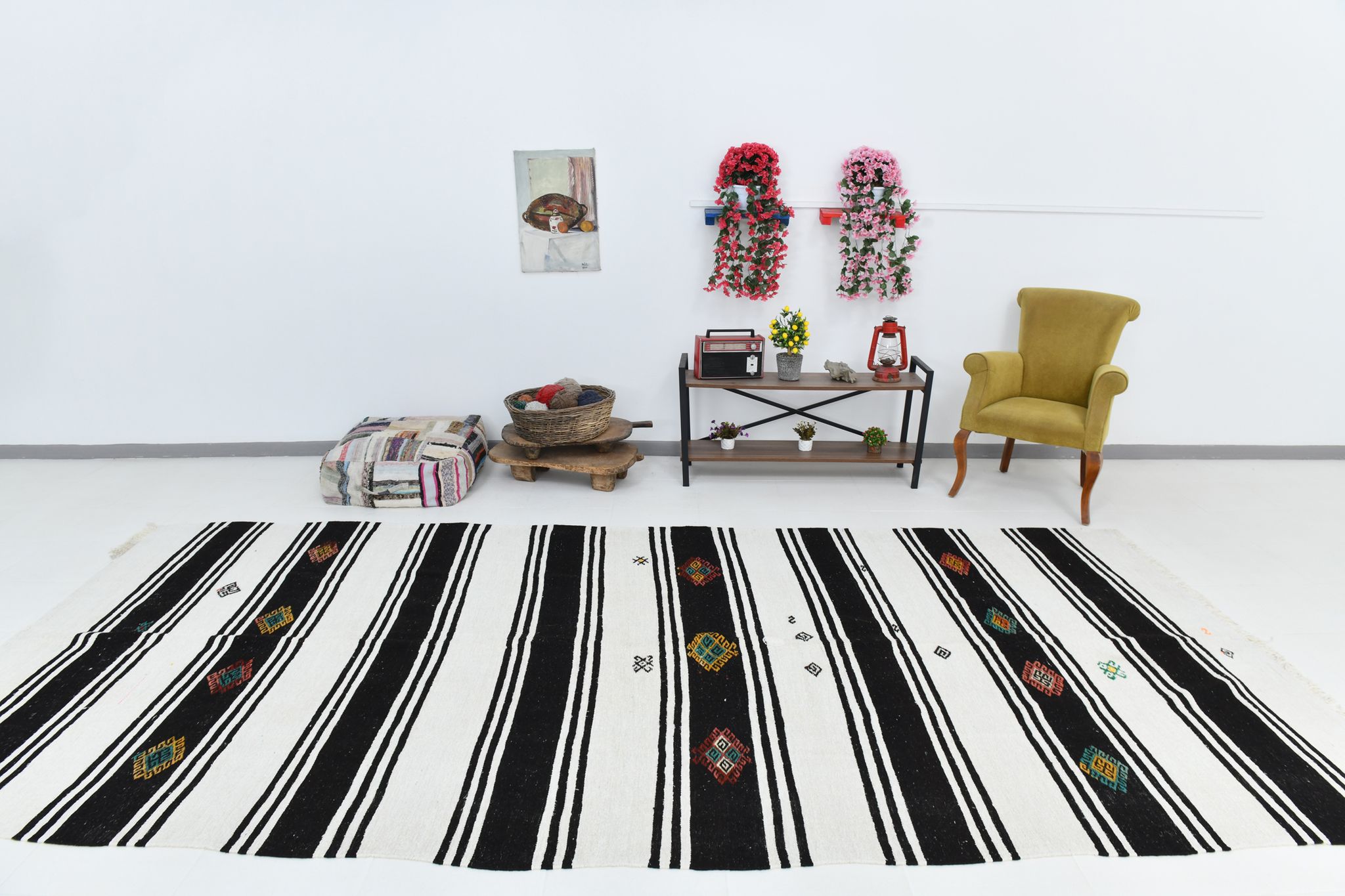 Tapis de chanvre blanc et noir 6x13, 202x404cm