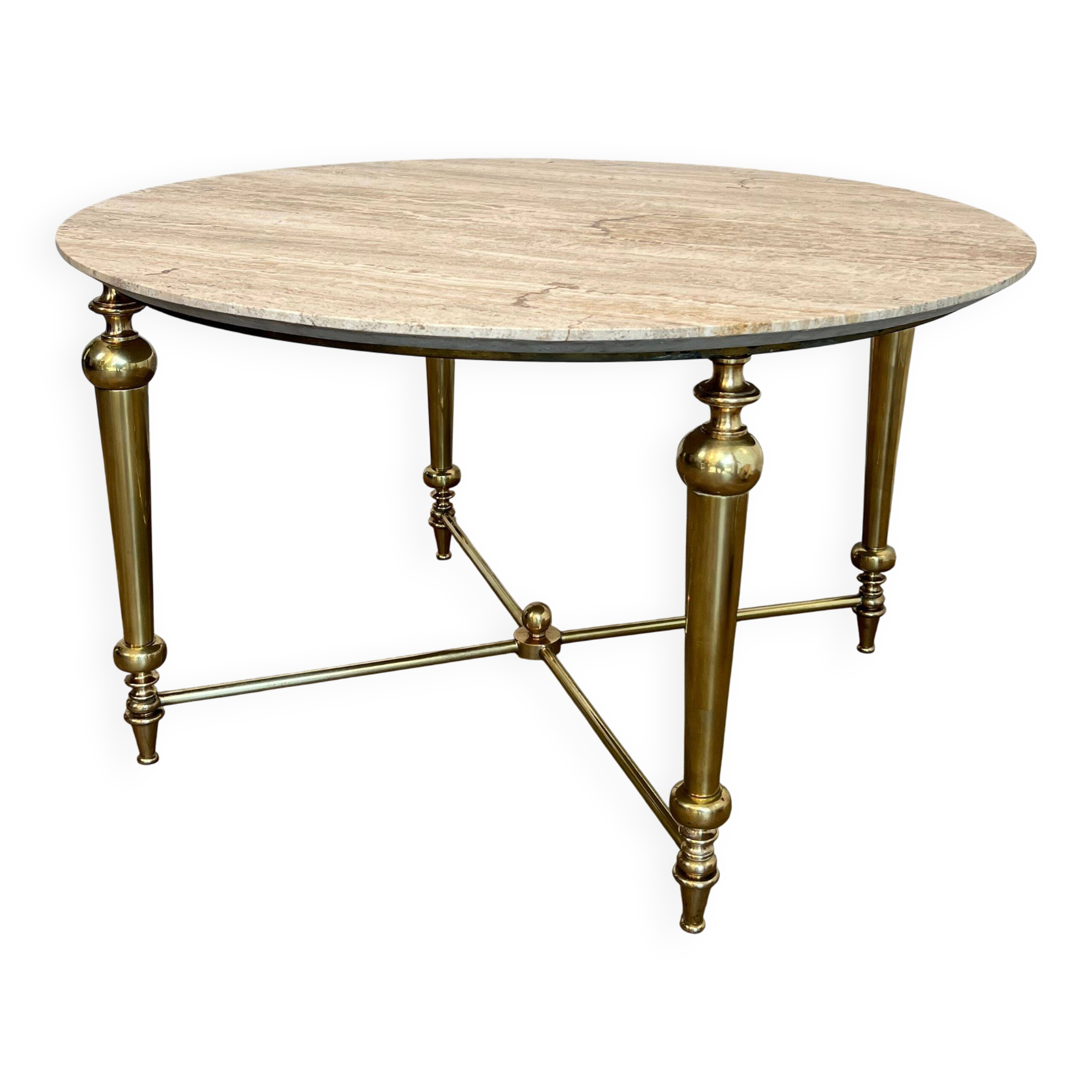 Brass coffee table with a white marble top.