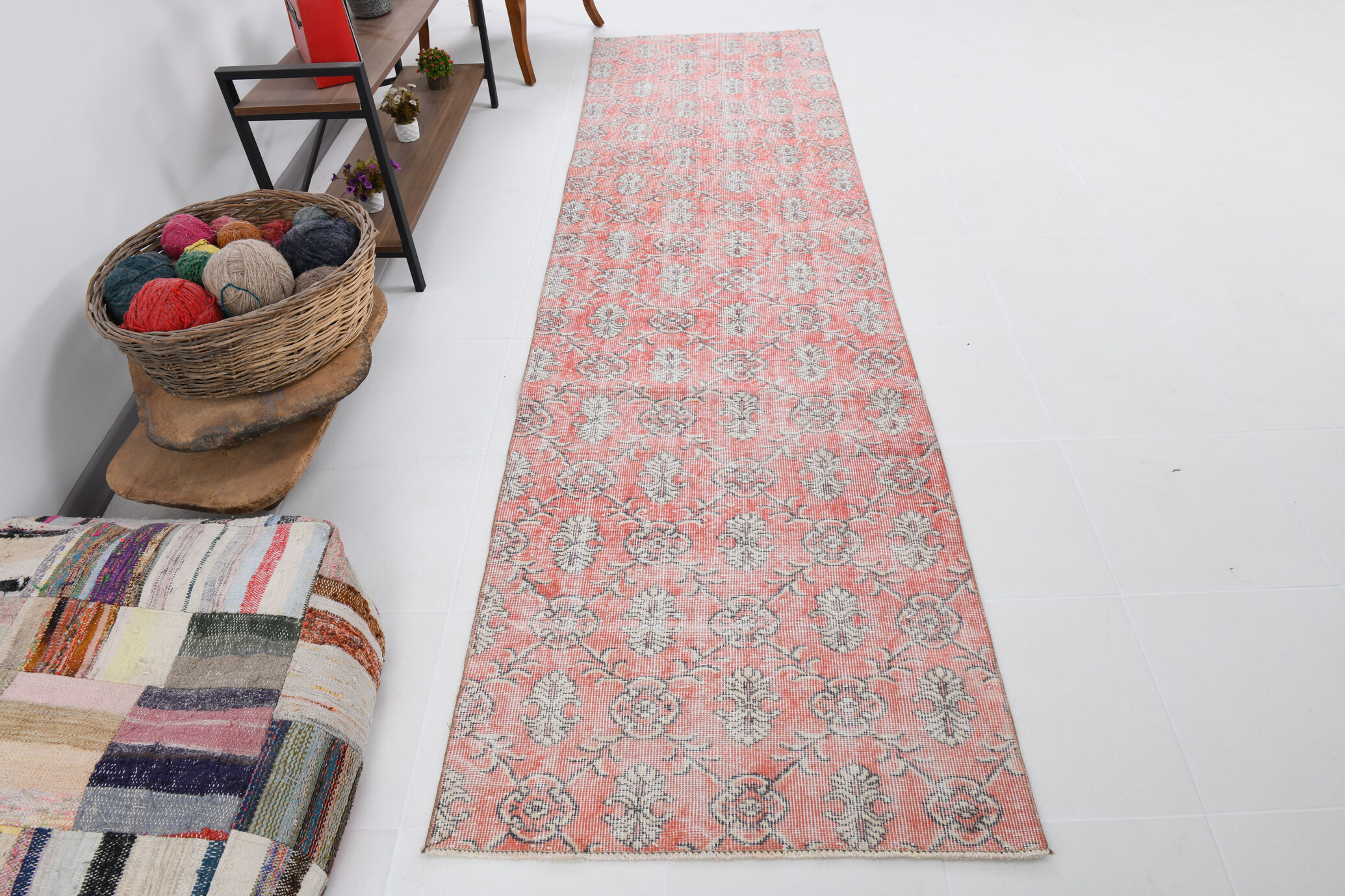 Floral red turkish runner rug, 324x90cm