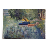Old painting landscape boats trees 20th century