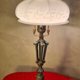 lampe ancienne patine bronze acier  et opaline blanche art deco 43x22