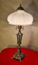 lampe ancienne patine bronze acier  et opaline blanche art deco 43x22
