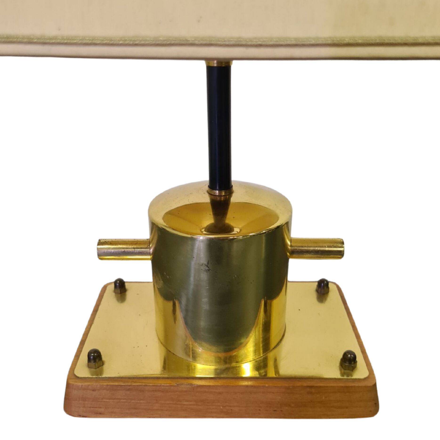 Vintage maritime bollard table lamp made from brass and wood, Netherlands 1970s