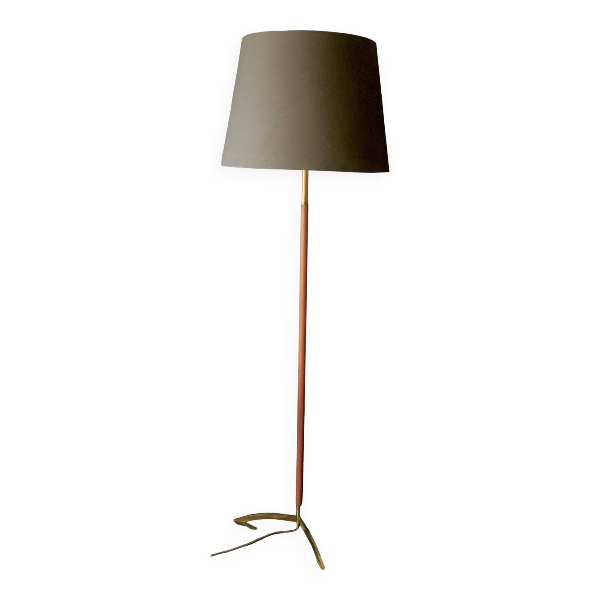 Danish teak floor lamp with brass tripod foot, 1960s